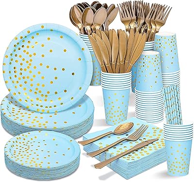Arabest 200 pièces fournitures de fête d'anniversaire à pois dorés, vaisselle de fête jetable, assiettes, serviettes et tasses pour 25 invités pour les mariages et les anniversaires (bleu). DIAYTAR COTE D'IVOIRE est une boutique en ligne généraliste qui propose plus de 300 000 références de produits divers. Elle est reconnue comme l'une des boutiques en ligne les plus populaires de Côte d'Ivoire, offrant une large gamme de produits allant de l'électronique à la mode en passant par les produits alimentaires.