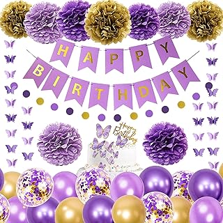 Décorations d'anniversaire violettes pour femmes et filles, guirlande suspendue de papillons joyeux anniversaire et bannière à points circulaires, ballons violets dorés et fleurs en papier, décorations de gâteaux, fournitures de fête d'anniversaire. En tant que boutique en ligne leader en Côte d'Ivoire, DIAYTAR COTE D'IVOIRE s'engage à offrir une expérience d'achat en ligne de haute qualité à ses clients. Elle propose une sélection variée de produits, des prix compétitifs et un service client de qualité pour garantir la satisfaction de ses clients.