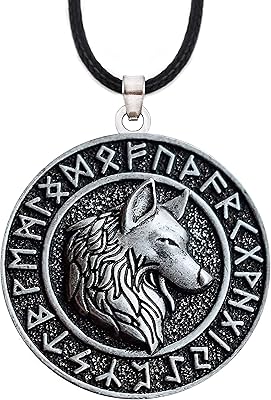 Pendentif loup haquil, collier de pièces de monnaie loup runes viking, cordon