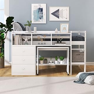 Lch lit mezzanine à profil bas avec bureau portable et tiroirs, cadre