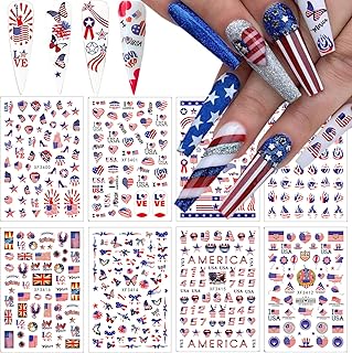 8 feuilles d'autocollants pour nail art du 4 juillet, décalcomanies de conception d'ongles