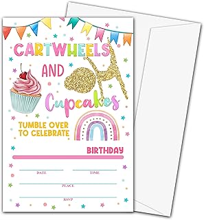Cartes d'invitation d'anniversaire pour enfants avec enveloppes - thème cupcakes de gymnastique remplissez