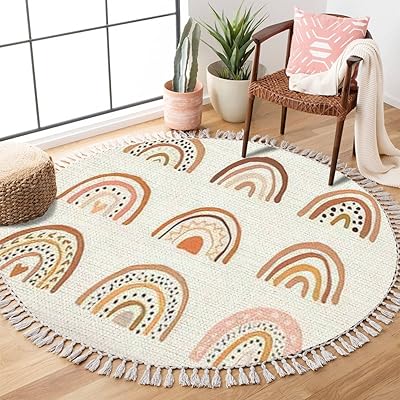 Tapis boho rond peint à la main pastel et terreux, tapis en lin