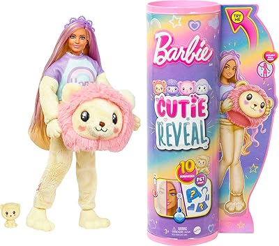Poupée barbie cutie reveal et accessoires, costume de lion en peluche et 10