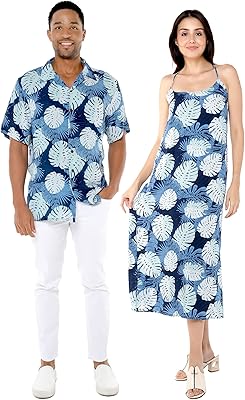 Chemise luau hawaïenne pour couple ou robe longue chérie assortie en bleu marine