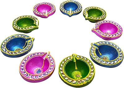 Haath kam lot de 9 argiles multicolores diwali deepavali peintes à la main