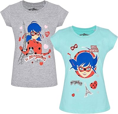 Miraculous ladybug pack de 2 t-shirts d'été à manches courtes pour filles à