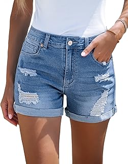 Short en jean déchiré pour femme, taille haute et ourlet croisé, denim bleu