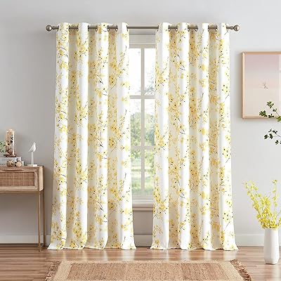 Rideaux floraux melodiox 96" pour salon, rideaux à œillets blancs avec fleurs jaune