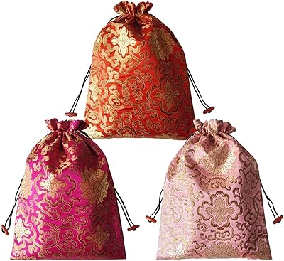 Paquet de 3 sacs en soie brodés gold fortune 10" x 14"