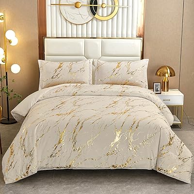 Parure de lit queen size en marbre doré kaki brillant avec 2 taies