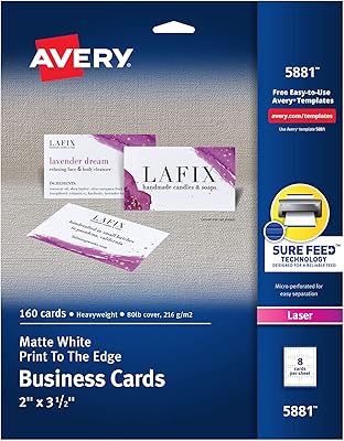 Cartes de visite microparfum imprimées avery 5881 edge, couleur laser, 2 x 3 1/2, blanc (paquet de 160). DIAYTAR COTE D'IVOIRE, boutique en ligne généraliste avec plus de 300000 references, est la destination idéale pour faire vos achats en ligne en Cote d'Ivoire. Avec une large gamme de produits, vous êtes sûr de trouver ce que vous cherchez. DIAYTAR COTE D'IVOIRE offre une expérience d'achat en ligne sécurisée et pratique.