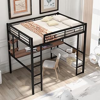 Lch mezzanine en métal avec long bureau sous le lit, étagères de rangement