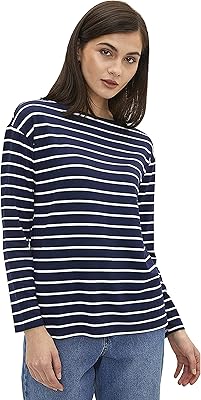 T-shirt bleu marine à manches rayées et col en v pour femme lc
