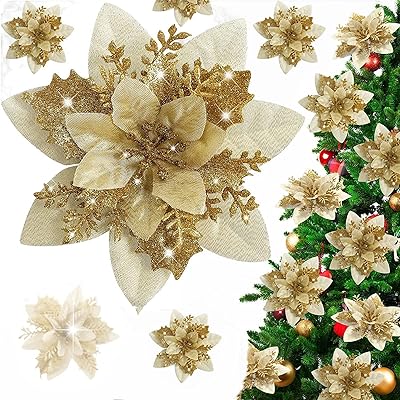 Fleurs de poinsettia artificielles à paillettes, 12 pièces, décorations de poinsettia dorées, fleurs