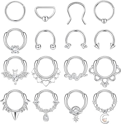16 pièces 16g anneaux de nez pour femmes, charnières sans couture en acier