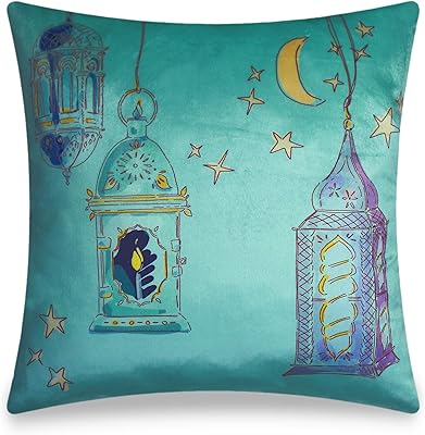 Ramadan kareem design taie d'oreiller velours aquarelle lune et lanterne coussin