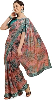 Un sari en georgette pour femme, décoré d'un imprimé floral rose et bleu