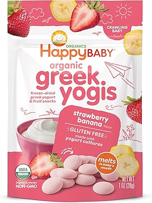 Yaourt grec lyophilisé biologique happy baby collations aux fruits fraises et banane sachet