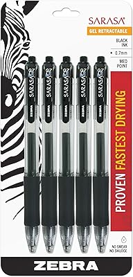 Stylos à encre gel rétractables zebra sarasa, pointe moyenne 0,7 mm, encre noire