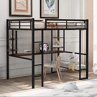 Mkk lit mezzanine pleine grandeur en métal avec bureau long et étagères