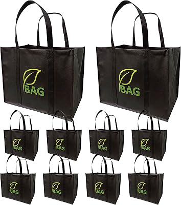 Lot de 10 sacs d'épicerie réutilisables, sacs de courses pliables en non tissé