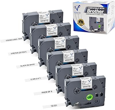 Vegixo 12mmx8m - lot de 6 rubans noir sur blanc - remplacement