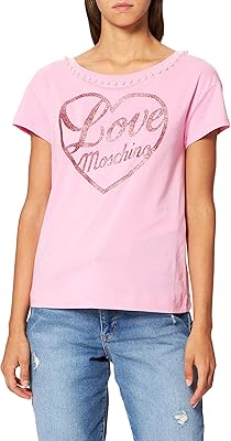 Love moschino t-shirt à manches courtes pour femme, coupe carrée, orné de perles