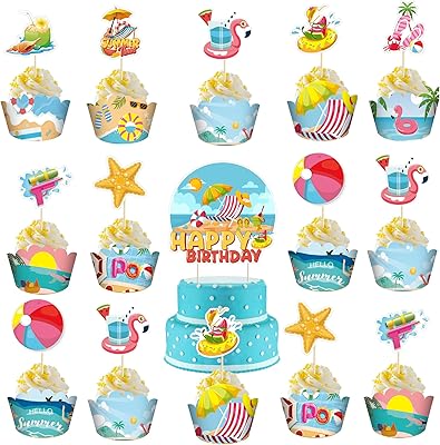 25 décorations de cupcakes de plage - décorations de cupcakes de piscine d'été