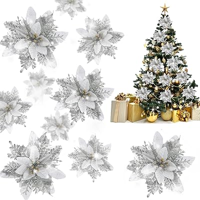 Fleurs de poinsettia artificielles à paillettes, 12 pièces, décorations de poinsettia argentées, décorations