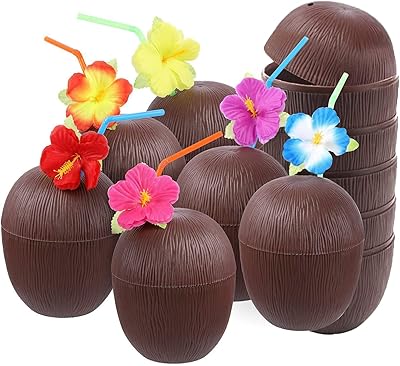 Tasses de noix de coco pour fête luau hawaïenne avec pailles de fleurs