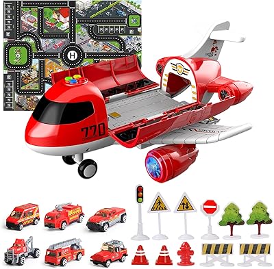Coffret avion habbavis avec camions de pompiers, son et transport, jeu de voiture