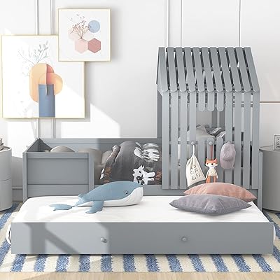 Lepfan lit double en bois, lit mezzanine bas avec chariot, lit montessori