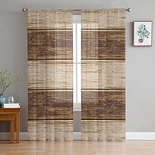 Rideaux transparents en bois rustique à rayures marron, ensemble de 2 panneaux