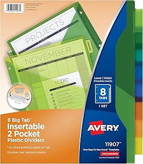 Organisateur de dossiers à pochettes en plastique avery séparateurs insérables avec 8