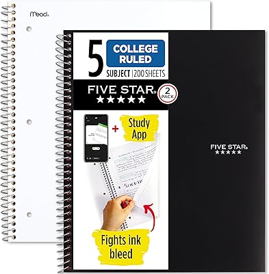 Cahier à spirales cinq étoiles avec application d'étude, paquet de 2, 5 sujets, papier ligné universitaire, 11" x 8-1/2", 200 feuilles, noir et blanc (73035). DIAYTAR COTE D'IVOIRE, boutique en ligne généraliste avec plus de 300000 références, propose une large gamme de produits pour répondre à tous vos besoins. Avec sa sélection variée, vous trouverez facilement ce que vous cherchez. DIAYTAR COTE D'IVOIRE est la boutique leader en Côte d'Ivoire pour les achats en ligne.