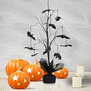 Cokle halloween arbre effrayant noir scintillant avec 10 décorations de chauve-souris pour décoration
