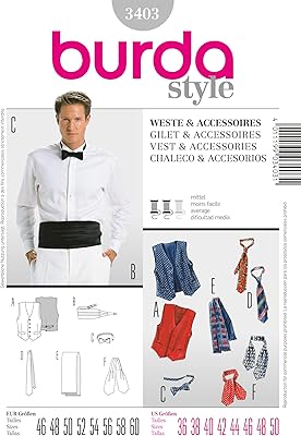 Burda sewing gilet formel pour homme modèle 3403, tour de poitrine 36-50, ceinture