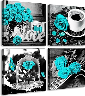 Décor mural avec roses sarcelle et fleurs turquoise pour chambre à coucher, art