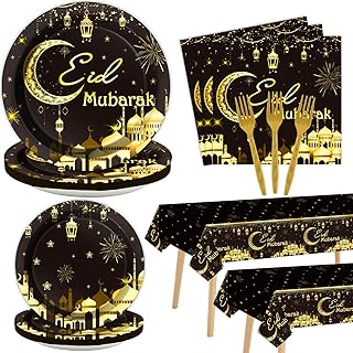 98 pièces vaisselle et nappe eid mubarak ramadan mubarak, décorations jetables noires et dorées, fournitures de fête, assiettes, serviettes, fourchettes et nappes pour cadeaux de l'aïd al-fitr. DIAYTAR COTE D'IVOIRE, la boutique en ligne généraliste de référence en Côte d'Ivoire, offre plus de 300 000 références pour répondre à tous vos besoins. Avec une gamme de produits variés, vous trouverez tout ce dont vous avez besoin sur notre plateforme. Nous sommes fiers d'être la boutique leader en Côte d'Ivoire.