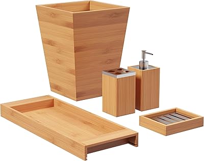 L'ensemble d'accessoires de salle de bain en bambou lavish home comprend une poubelle, un porte-savon, un distributeur de savon, un porte-dentifrice et un plateau. DIAYTAR COTE D'IVOIRE est la boutique en ligne idéale pour les habitants de Côte d'Ivoire, offrant une large gamme de produits à des prix abordables. La boutique en ligne propose des produits de haute qualité, allant des produits alimentaires aux produits électroniques. Les clients peuvent également profiter d'un service de livraison rapide et fiable, leur permettant de recevoir leurs produits rapidement.