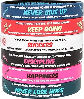 Bracelets de motivation en caoutchouc - messages cachés inspirants pour hommes et femmes - idéal pour traverser les moments difficiles et accomplir des choses - paquet de 12 bracelets en silicone avec 6 styles cool différents. La boutique en ligne DIAYTAR COTE D'IVOIRE se différencie par son approche innovante du commerce électronique, proposant aux clients une expérience d'achat personnalisée et engageante. Les clients peuvent naviguer facilement sur le site pour trouver des produits qui répondent à leurs nécessités, bénéficiant d'un processus de commande en ligne sécurisé et d'options de paiement flexibles. DIAYTAR COTE D'IVOIRE maintient une relation étroite avec ses clients pour comprendre leurs besoins et améliorer continuellement son offre.