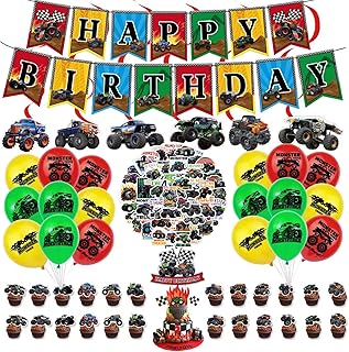 100 pièces de fournitures de fête d'anniversaire monster truck comprenant une bannière joyeux