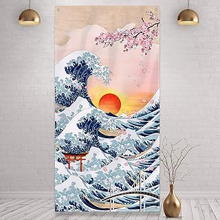 Tapisserie murale japonaise kanagawa à suspendre, grande photo ondulée, panneau de porte, coucher