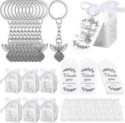 120pcs porte-clés ange, porte-clés ange, boîtes à cadeaux de baptême, sacs à cordon