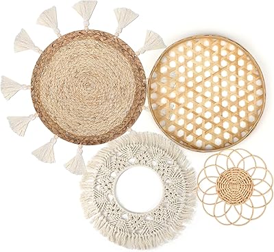 Lot de 4 paniers muraux boho, décoration murale à suspendre, décor en rotin