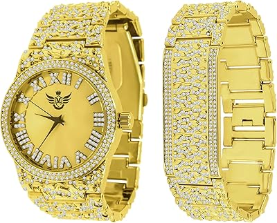 Cadran doré pour hommes, montre nugget personnalisée, ensemble de bracelets, diamant simulé analogique