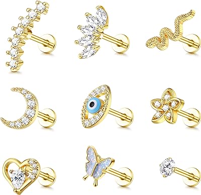 9 pièces 16g piercings hélix pour femmes boucles d'oreilles en acier chirurgical piercing