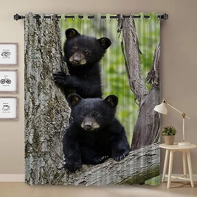 Rideau d'ours noir, rideau occultant à motif de faune rustique de famille d'oursons