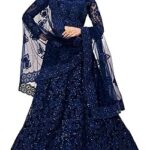 Bollyclues filet brodé lehenga choli pour femme, net lehenga choli (navy-rani_navy), taille unique